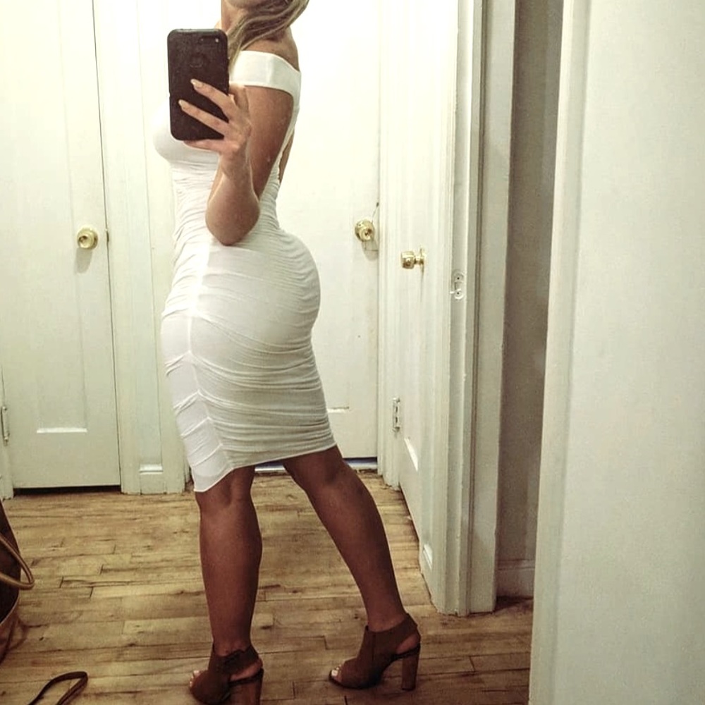 Bailey 44 White ruched off the shoulder dress